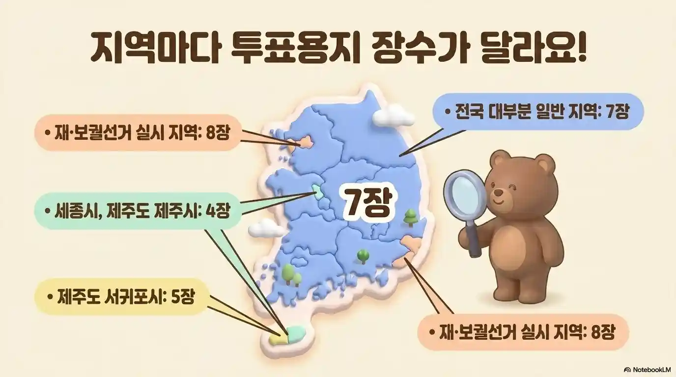 2026 지방선거 지역별 투표용지 장수 한국 지도 - 전국 일반 7장 세종&middot;제주시 4장 서귀포시 5장
