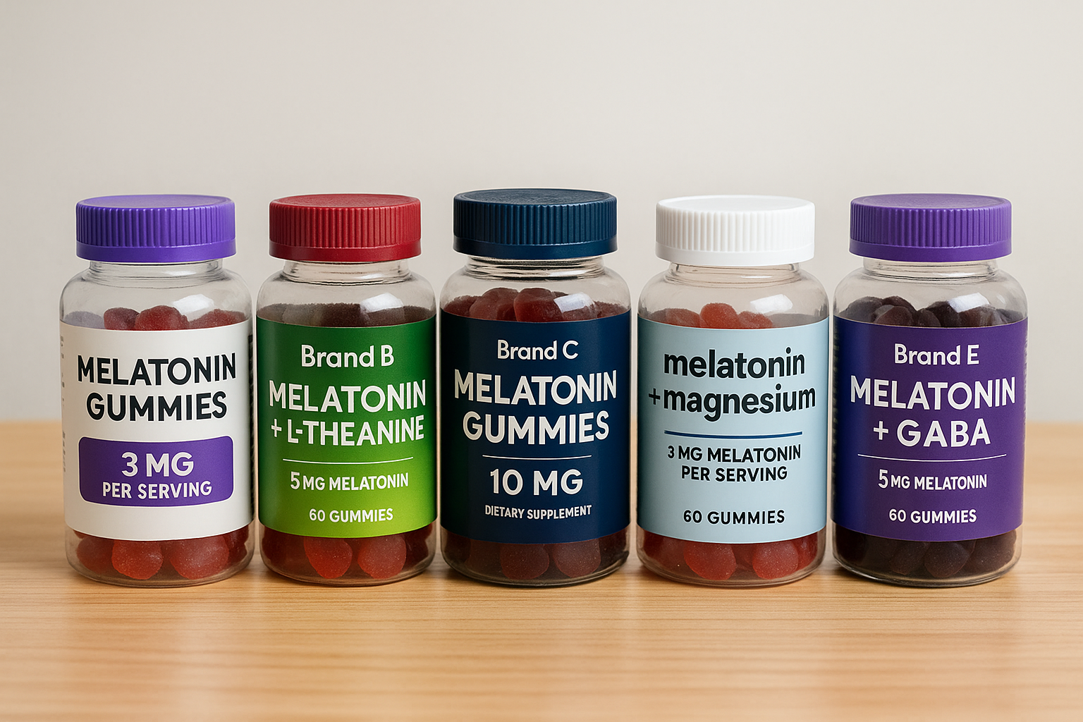 손가락으로 오렌지색 멜라토닌 구미 한 알을 들고 있고&amp;#44; 뒤쪽에 3mg&middot;5mg&middot;10mg 등 다양한 멜라토닌 구미 제품 병이 나열된 실사 이미지