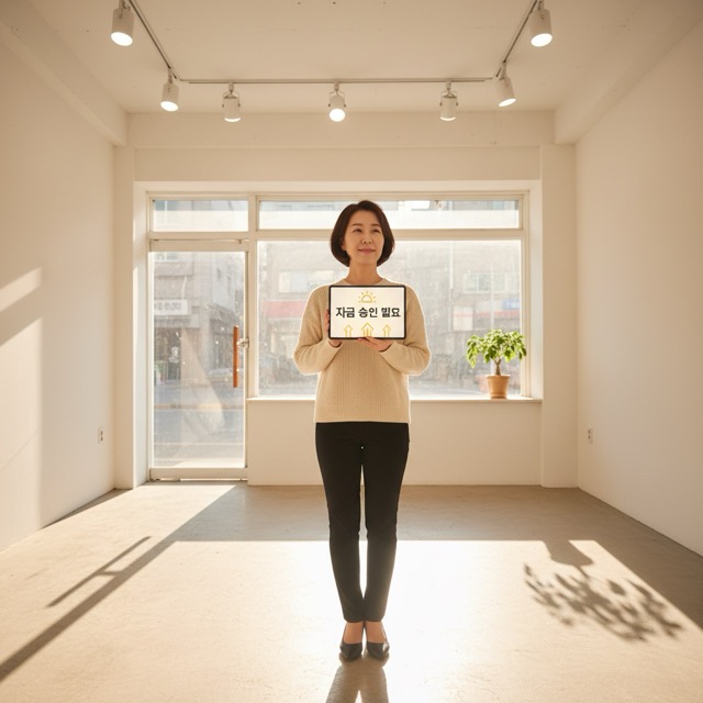 폐업 후 깔끔하게 철거된 점포 내부에서 따뜻한 햇살을 받으며 희망리턴패키지 지원금 승인 알림을 확인하고 안도하는 소상공인의 모습