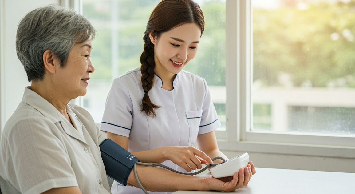 노인 건강 관리받는 어머니