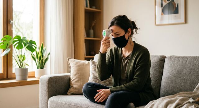 2026 코로나 재유행 대비를 위해 집에서 체온을 측정하는 사람