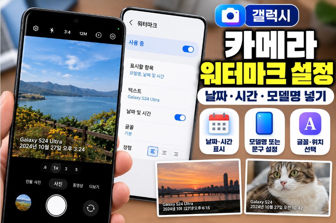 갤럭시 카메라 워터마크에 날짜와 시간을 표시하는 설정 화면