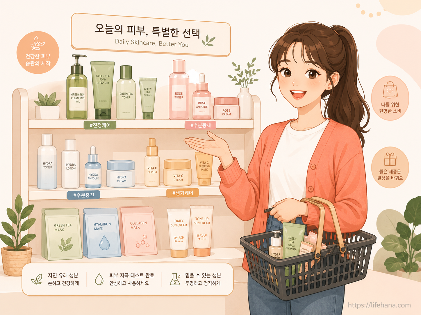 군부대 PX 마트의 화장품 진열대 앞에서 장바구니를 들고 행복하게 제품을 고르고 있는 주인공의 모습