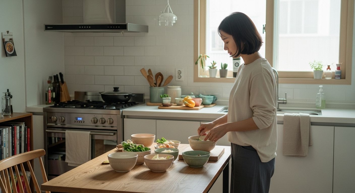 다이어트 레시피를 요리 중인 한국 주방의 실제 장면
