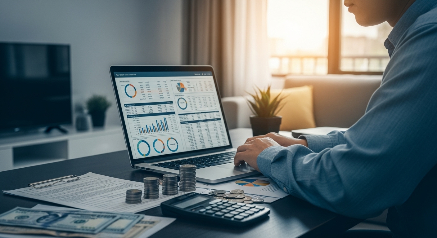 집에서 노트북과 서류를 보며 부업 소득 세금을 정리하는 직장인의 모습. 재무 관리에 집중하는 분위기를 묘사합니다.