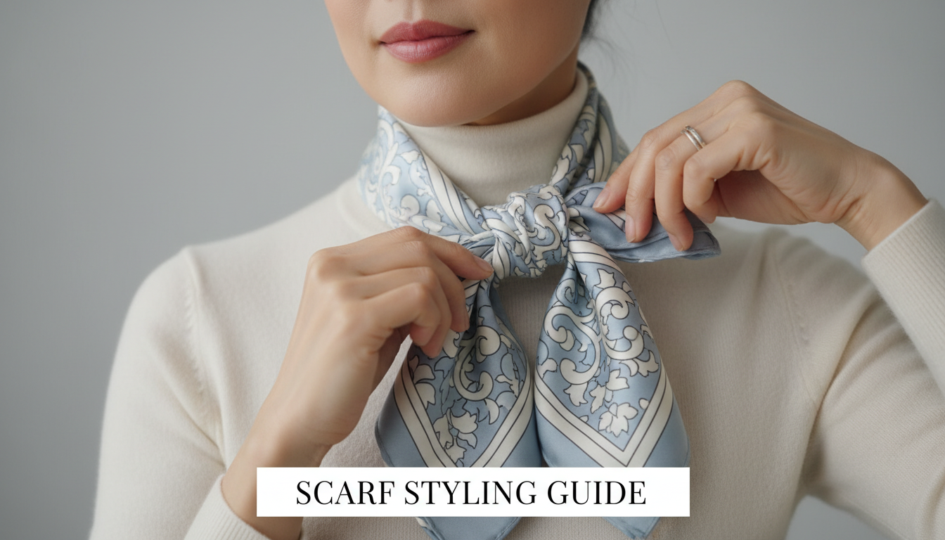 고급스러운 블루-그레이 실크 스카프를 프렌치 노트 스타일로 우아하게 매는 상세 모습