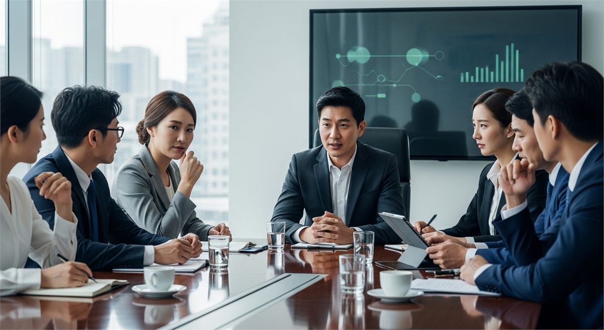 턴어라운드 전략을 논의하는 기업 회의실 분위기 