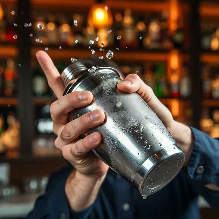 칵테일 셰이커를 이용해 브라운 더비를 제조하는 모습