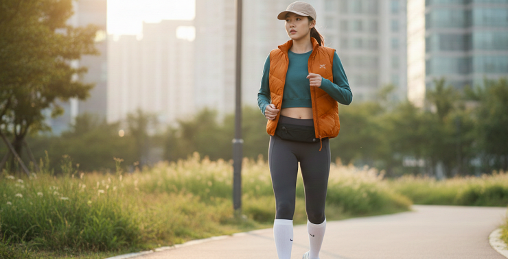 온러닝 경량 캡과 룰루레몬 러닝 벨트 착용 고프코어 스타일