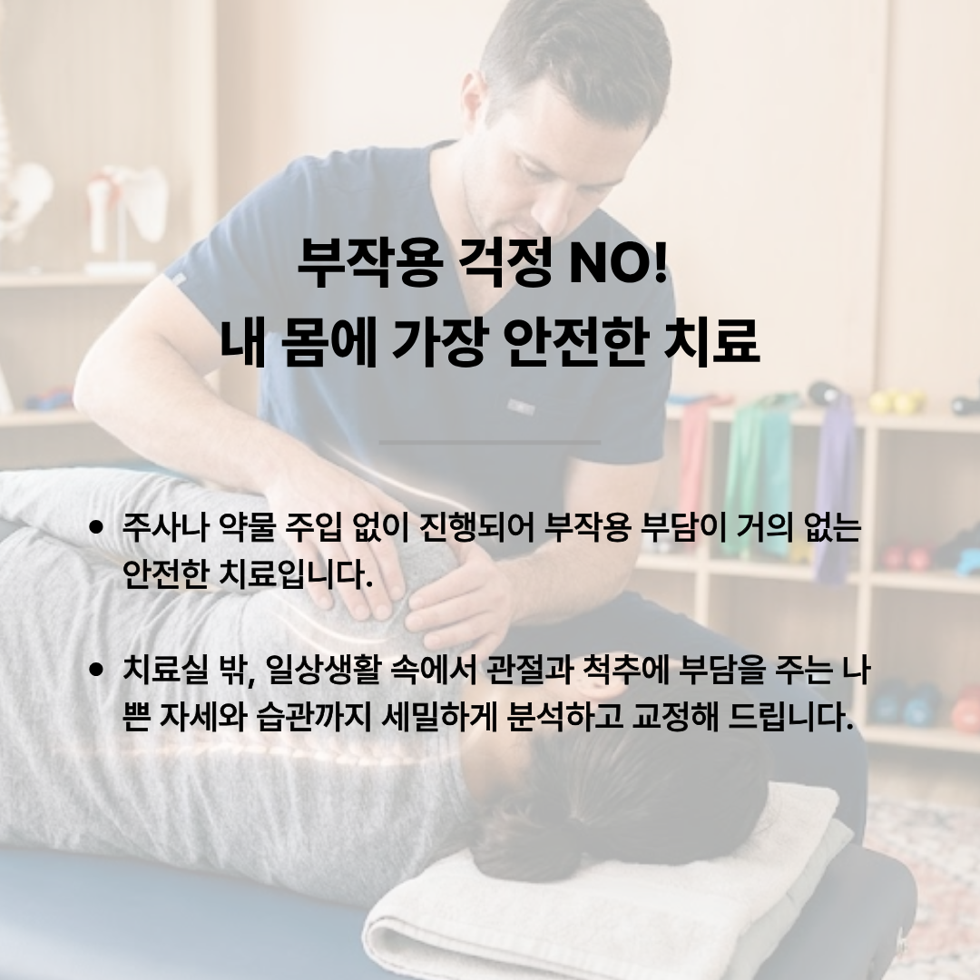 치료사가 인체 골격 그래픽을 보며 설명하는 일러스트레이션. 이미지 텍스트: "근본 원인을 바로잡는 1:1 '도수치료'. 관절 가동 범위 회복: 전문 치료사의 손을 통해 어깨, 무릎, 골반 등 굳어진 관절의 가동 범위를 회복합니다. 신체 불균형 치료: 단순한 통증 완화를 넘어, 척추 질환(디스크, 측만증)과 수술 후 재활까지 신체의 불균형을 근본적으로 치료하는 전문적인 과정입니다."