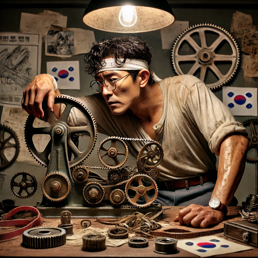 야근 중 작업하는 김광중 분위기 &ndash; 어두운 작업실에 걸린 한 줄기 조명 아래 열정이 묻어나는 표정