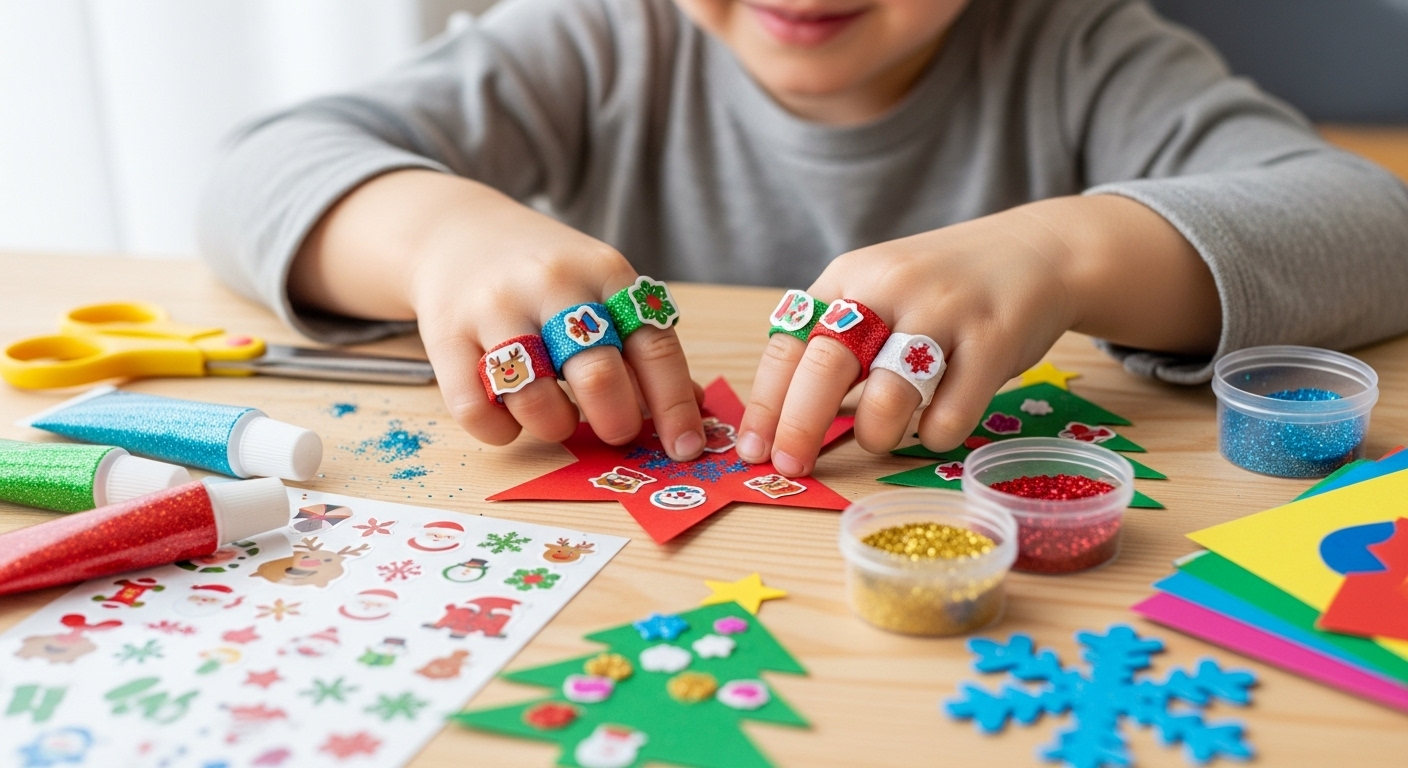 4-5세 정도의 어린 아이가 색종이 크리스마스 오너먼트에 스티커와 반짝이 풀을 붙이며 즐겁게 꾸미는 모습.