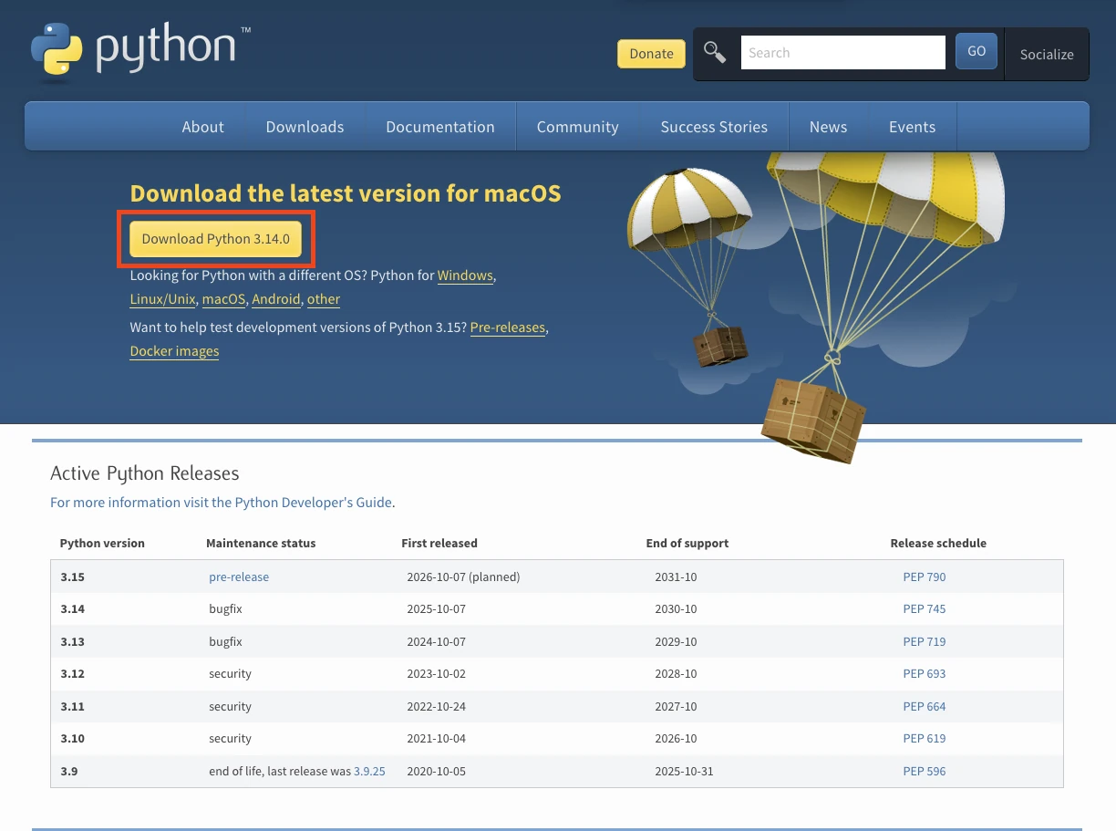 파이썬 공식 홈페이지에서 다운로드 받는 화면 스크린샷