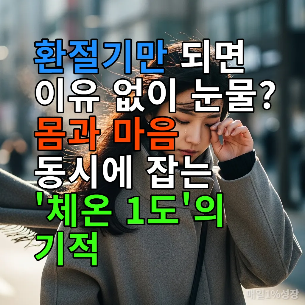 서울 거리에서 찬 바람에 눈물을 훔치는 한국 여성의 모습