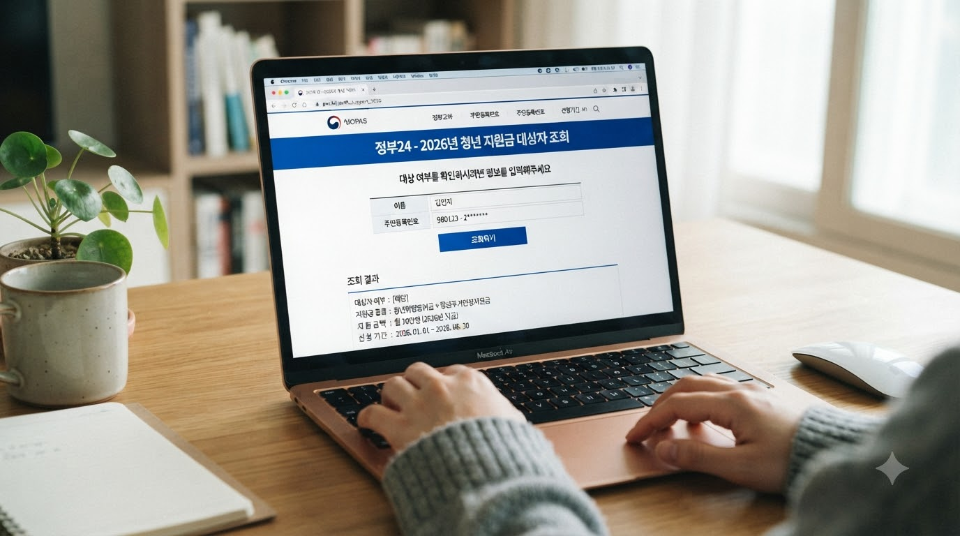 온라인으로 2026 청년 지원금 대상자 조회를 진행하는 컴퓨터 화면