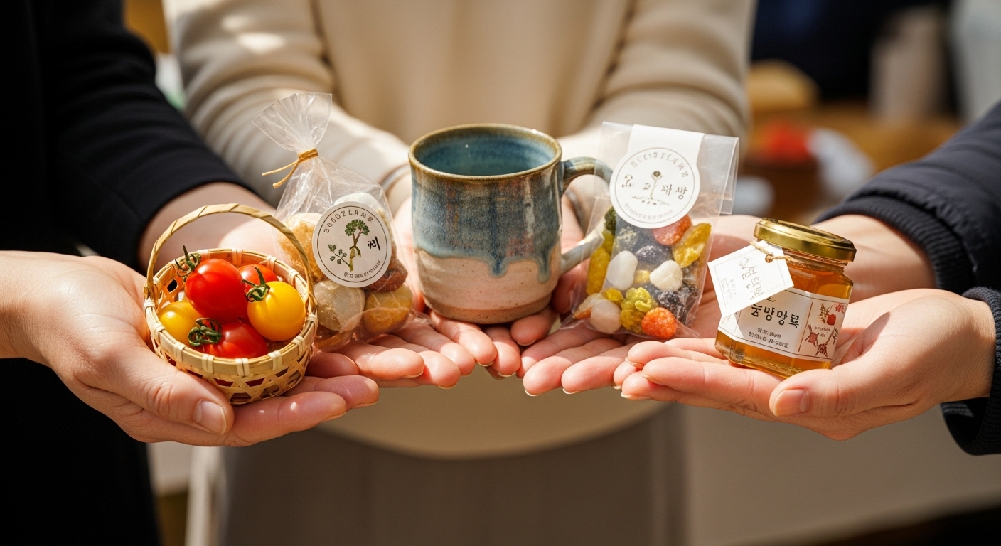 다양한 지역 특산물이 담긴 고향사랑기부금 답례품, 지역 농산물과 수공예품이 따뜻한 느낌으로 놓여 있음.