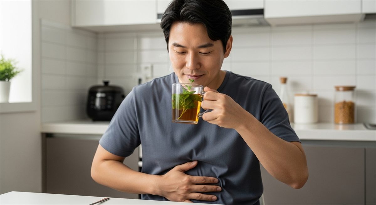 속이 더부룩할 때 페퍼민트 차를 마시는 장면
