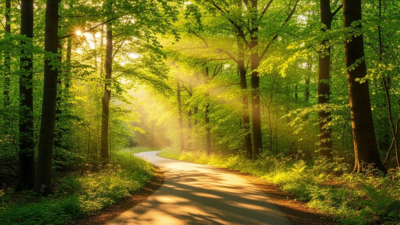 A straight, paved path going through a beautiful bright green forest. Sunlight filtering through trees, clear path with no obstacles. Symbolizing an easy journey.