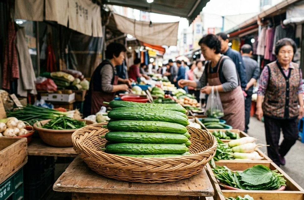 크기가 비슷한 오이가 시장 좌판에 가지런히 놓인 모습 