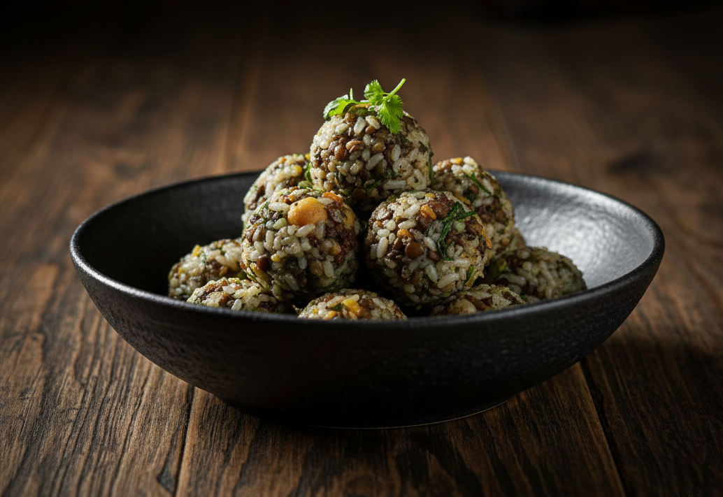 여러가지 곡물과 김자반이 들어간 주먹밥.