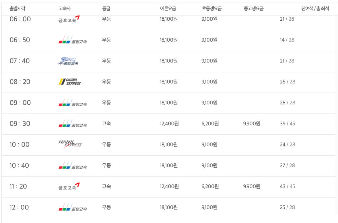 대전고속버스터미널-시간표
