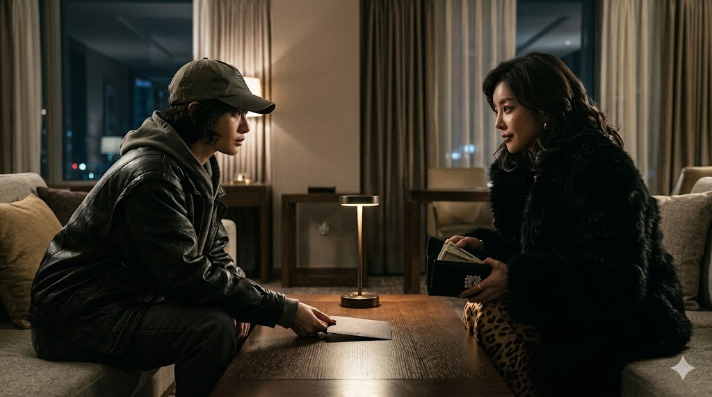 ENA 월화드라마 클라이맥스 황정원과 이양미가 은밀하고 어두운 호텔 밀실에서 위험한 거래를 시도하며 숨 막히는 긴장감을 유발하는 장면