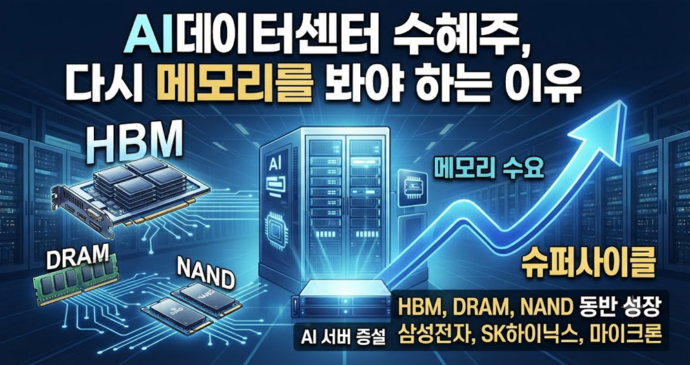 AI 데이터센터 투자 확대로 HBM, DRAM, NAND 등 메모리 반도체가 다시 주목받는 투자 흐름의 썸네일 이미지