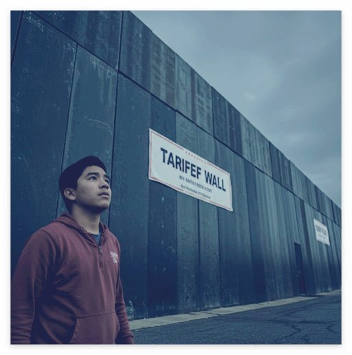 관세장벽 앞에 걱정스런 표정의 청년