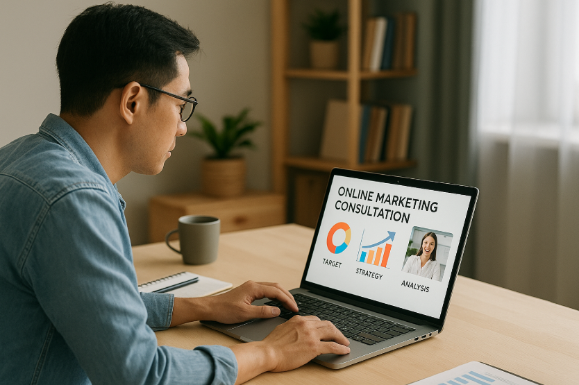 온라인 마케팅 상담을 위해 노트북 화면을 살펴보는 1인 사업자의 모습