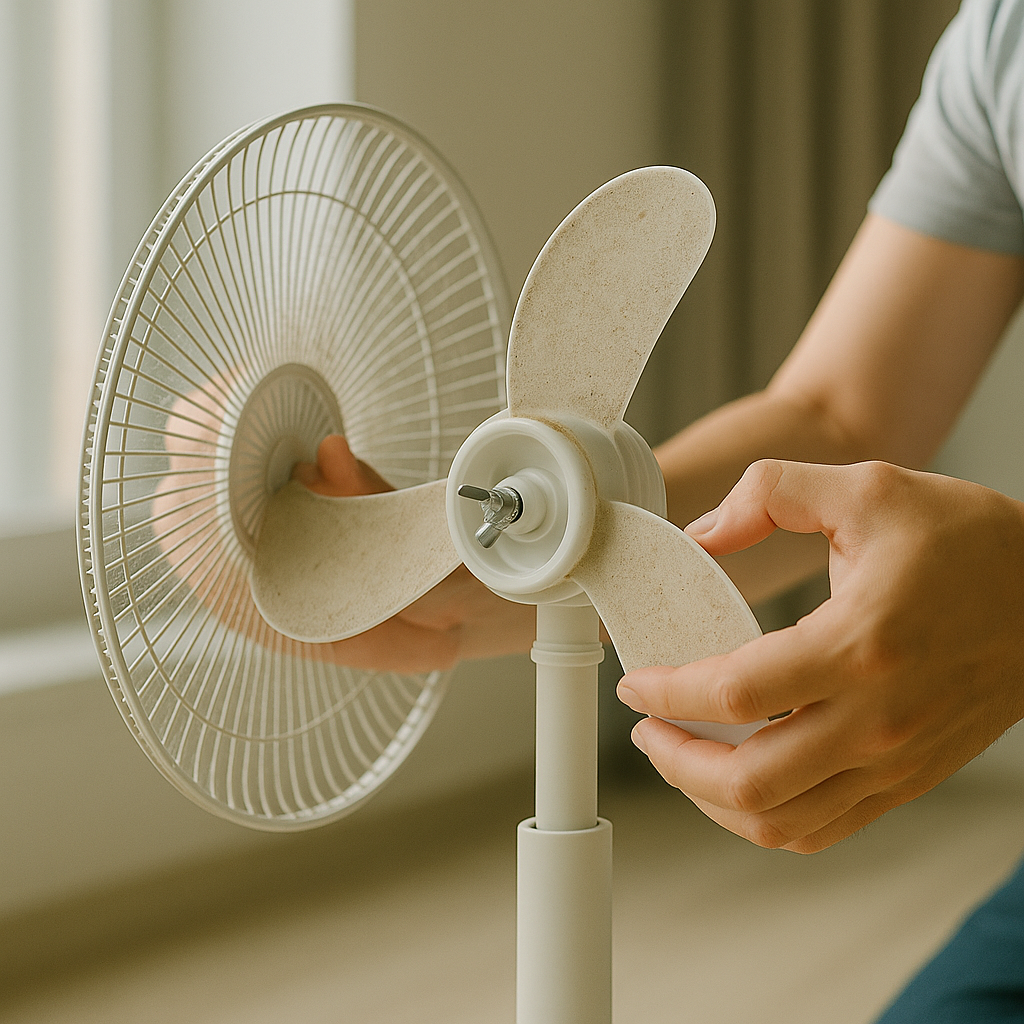 사람이 선풍기 앞망과 날개를 분해하는 장면