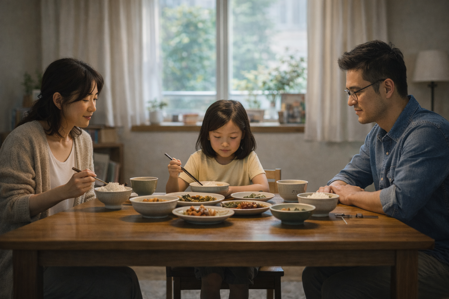 집에서 차분한 분위기 속에서 식사 시간을 보내는 아이와 같은 공간에 있는 부모의 모습