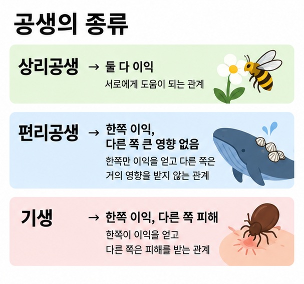 상리공생 편리공생 기생의 이익과 손해 관계를 표로 정리한 이미지