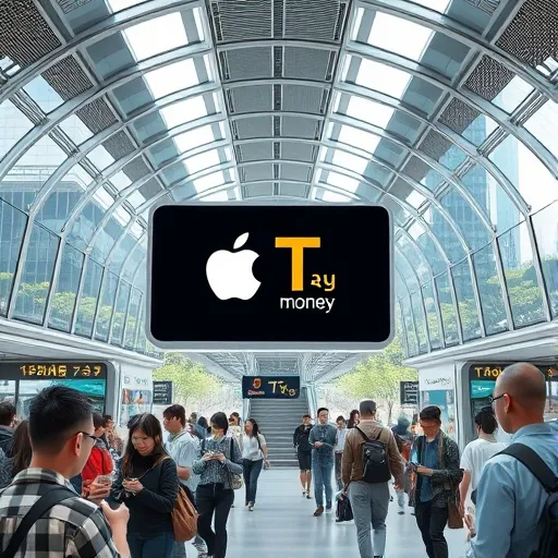유리와 메탈로 된 현대적인 대중교통 환승 센터를 배경으로, 사람들이 아이폰이나 애플워치를 사용하여 자연스럽게 이동하는 모습을 그립니다. 중앙에는 애플페이와 티머니 로고가 어우러져 있는 대형 디지털 스크린이 자리하여, 편리하고 연결된 미래 도시의 이동 경험을 상징적으로 보여줍니다.