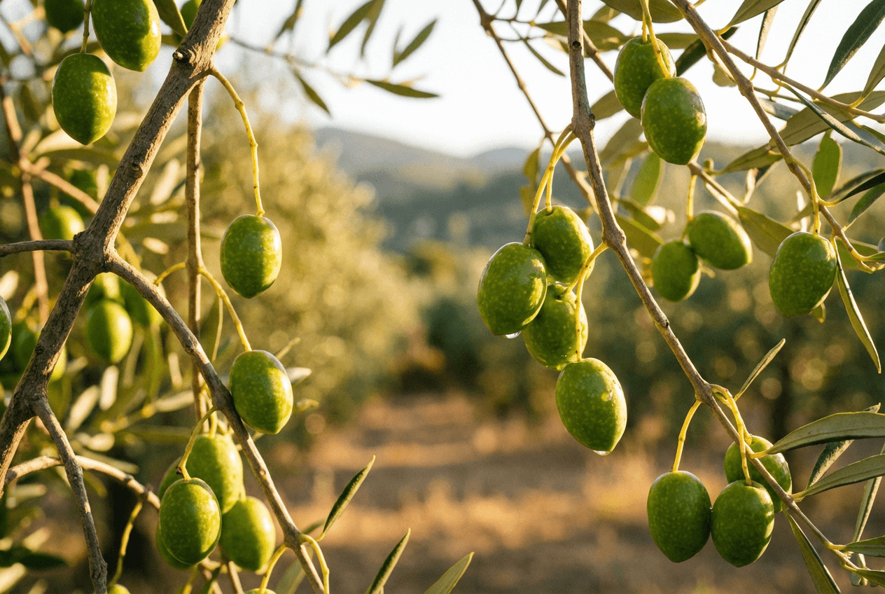 초록색 올리브 열매가 나무에 주렁주렁 매달린 모습, 햇빛 아래에서 신선함을 강조하는 클로즈업