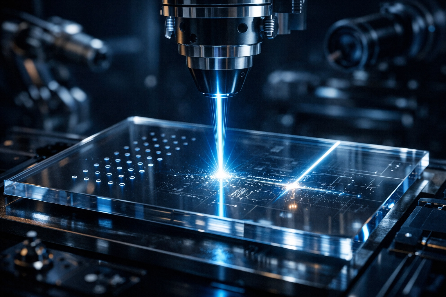 비접촉 레이저 가공: 고출력 블루 레이저 빔이 유리 기판 표면에 닿아 미세한 구멍을 뚫는 드릴링(Drilling)과 날카로운 선을 긋는 커팅(Cutting) 공정을 정밀하게 묘사했습니다.
유리 기판(TGV): 투명한 유리 기판 위에 형성되는 미세 회로 패턴과 레이저가 통과하며 만들어내는 수많은 미세 구멍들을 통해 기술의 정밀도를 강조했습니다.
첨단 제조 환경: 다크 블루 톤의 클린룸 배경과 정밀 광학 헤드를 배치하여 반도체 및 디스플레이 공정에 최적화된 첨단 기술력을 시각화했습니다.
시각적 효과: 레이저가 유리와 반응하며 발생하는 밝은 빛의 상호작용을 통해 가공의 역동성과 정확성을 동시에 표현했습니다.