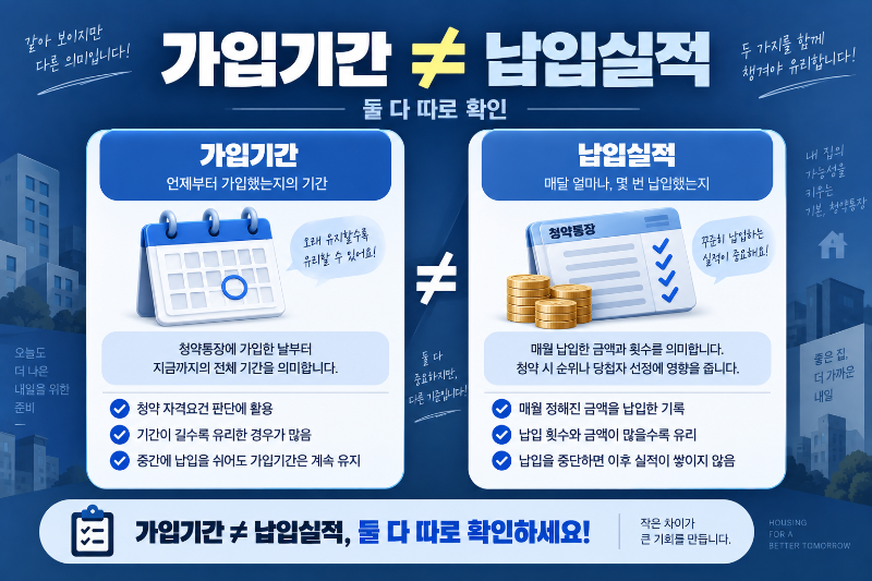 청약통장 가입기간과 납입횟수 및 인정실적의 차이를 설명하는 이미지