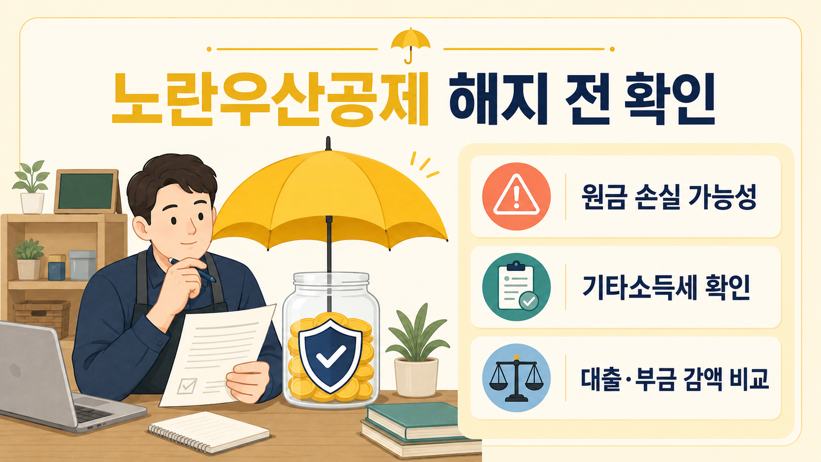 노란우산공제 해지 전 원금 손실과 기타소득세, 대출 및 부금 감액을 확인하는 이미지