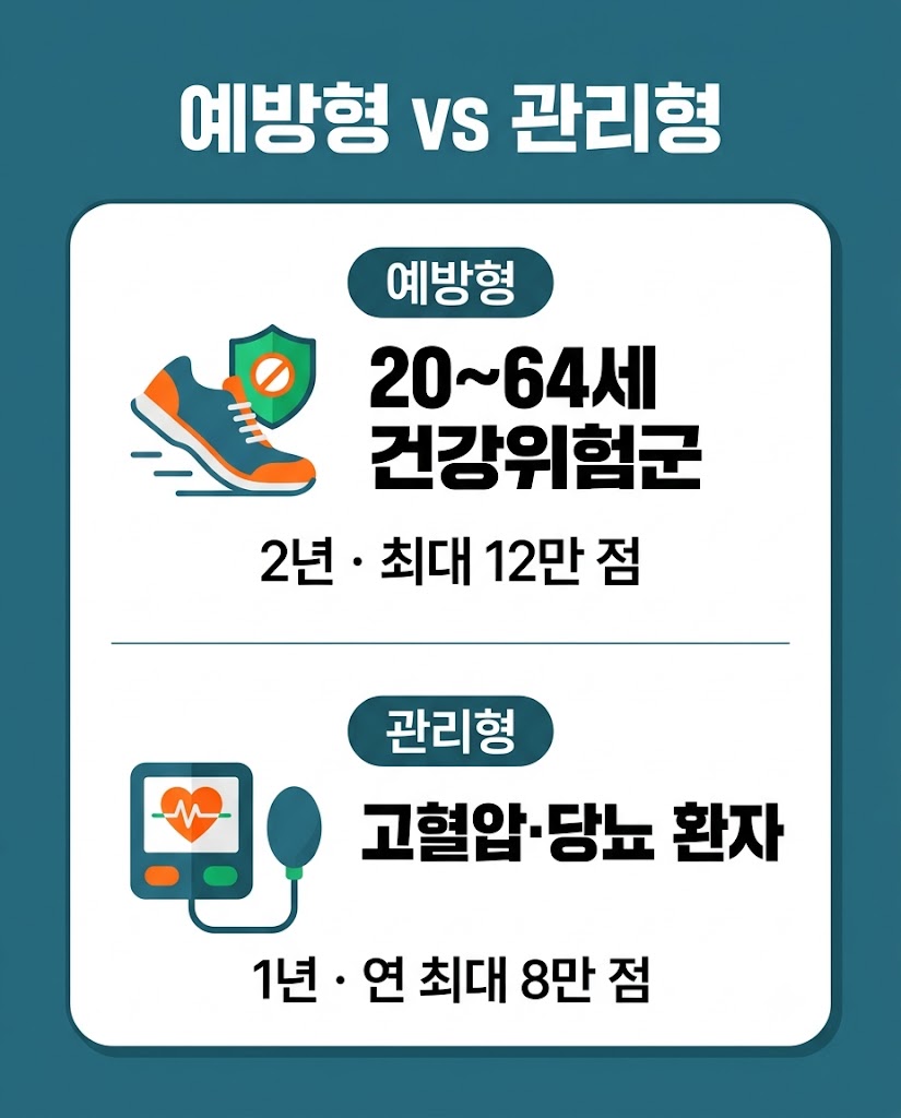 건강생활실천지원금 예방형 관리형 차이 대상 포인트 참여기간 비교 인포그래픽