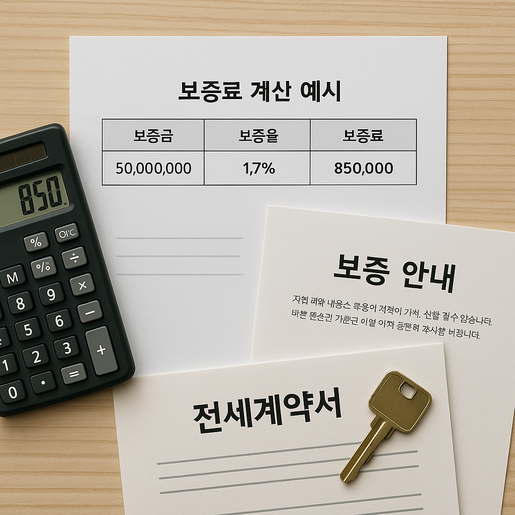 보증료 계산 예시 장면, 계산기와 보증료 안내서, 잔액표 이미지
	계산기, 금융서류, 보증 안내문