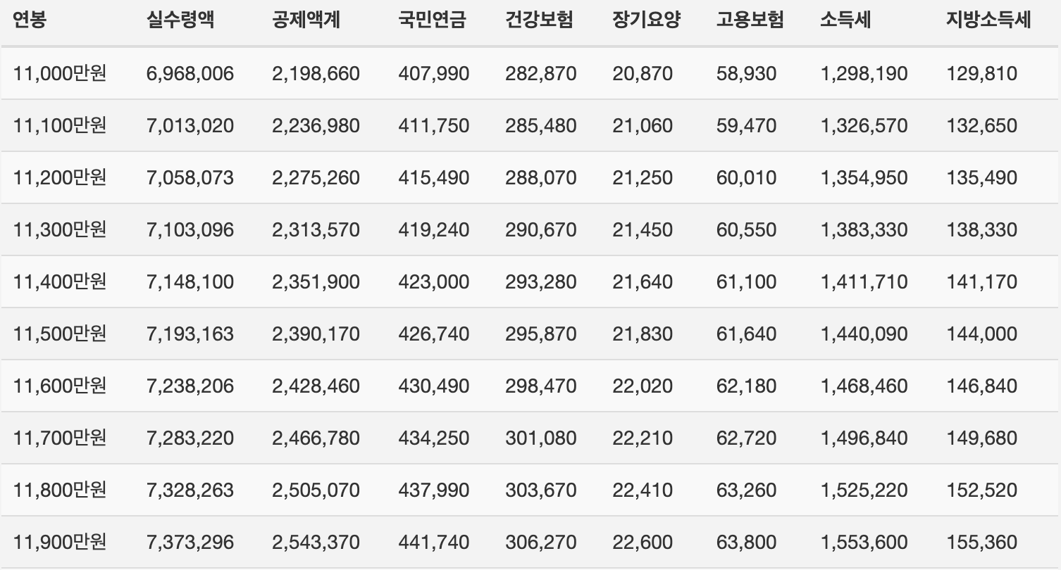 2025년 연봉 실수령액 표