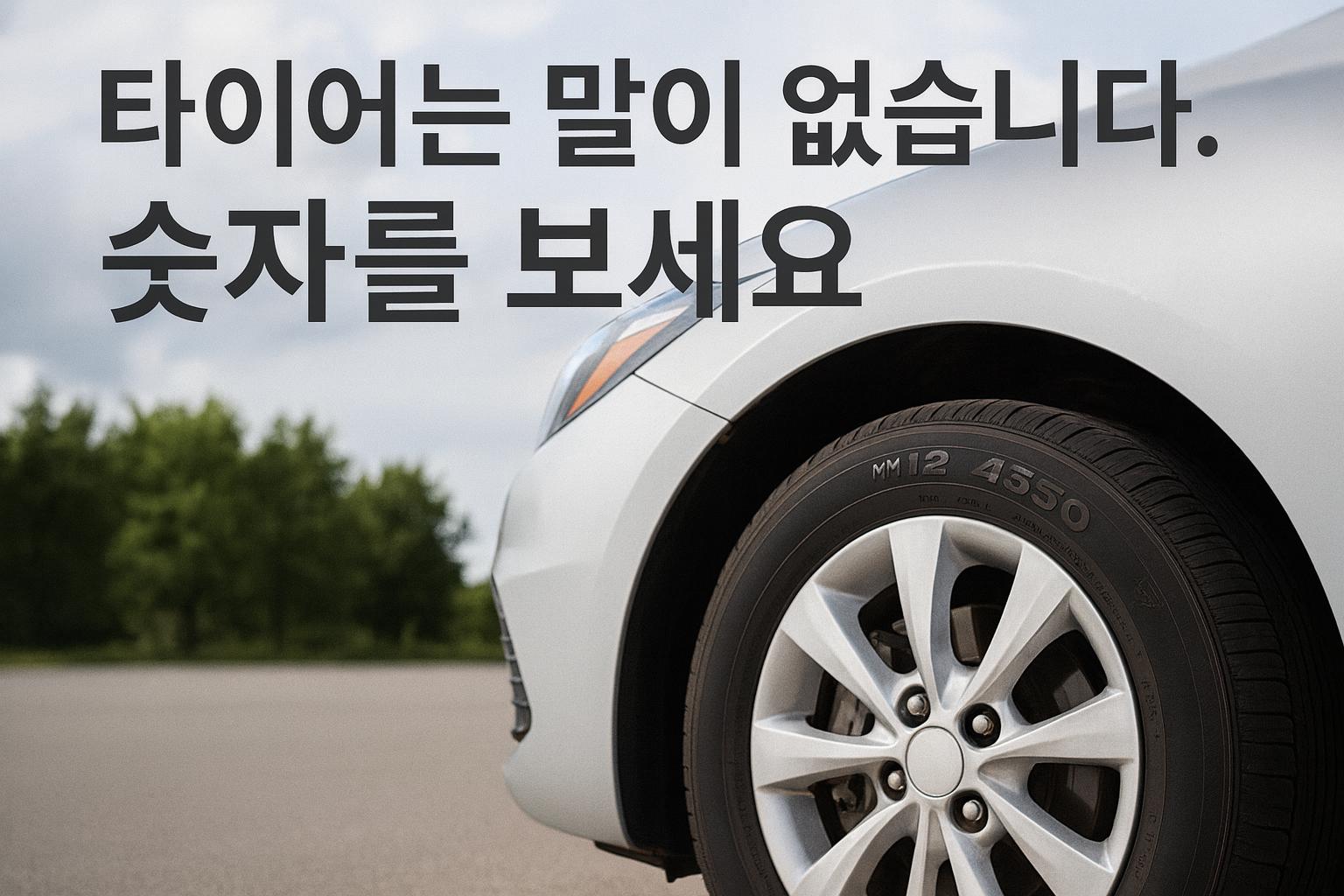 중고차 타이어를 클로즈업한 이미지. 타이어 옆면에 DOT 코드가 선명하게 보이며, 상단에는 “타이어는 말이 없습니다. 숫자를 보세요”라는 문구가 한글로 크게 표시되어 있음.