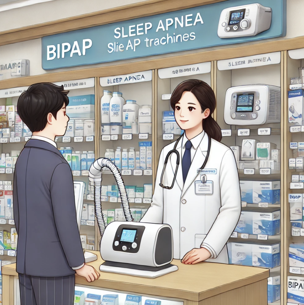 양압기 대영점에서 BiPAP 기계에 대해 설명듣는 장면