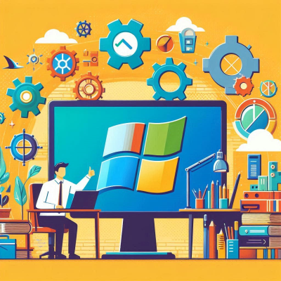 사무실에서 직원들이 톱니바퀴 아이콘과 함께 시스템을 조작하는 모습