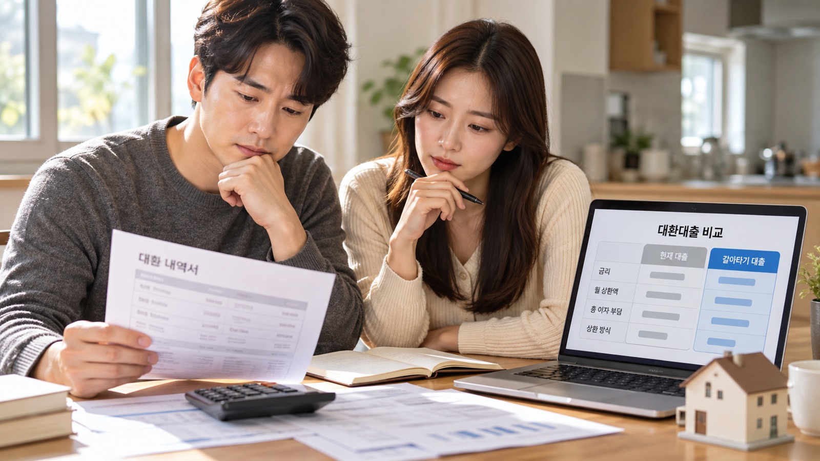 가정에서 대출 금리와 월 상환액, 총이자를 비교하며 대환대출을 검토하는 부부