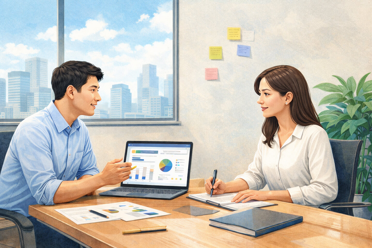 사무실에서 노트북 화면을 보며 사업 협업 자료를 검토하는 두 사람