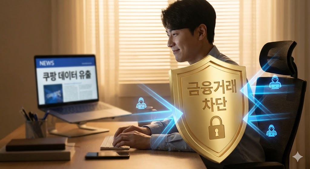 '쿠팡 유출' 뉴스를 보며 걱정하는 사람 앞에, 튼튼한 '금융 안심차단' 방패가 나타나 해커의 공격을 막아내는 이미지