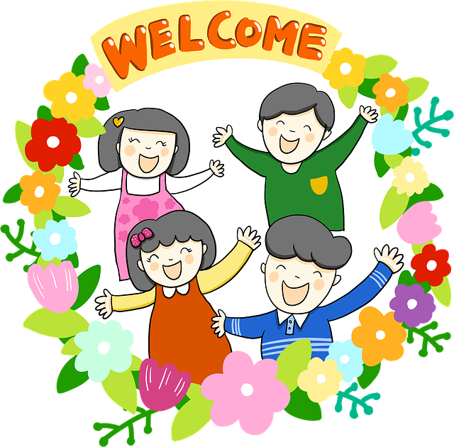 welcome이라고 써있고 꽃과 어린아이들이 그려진 그림