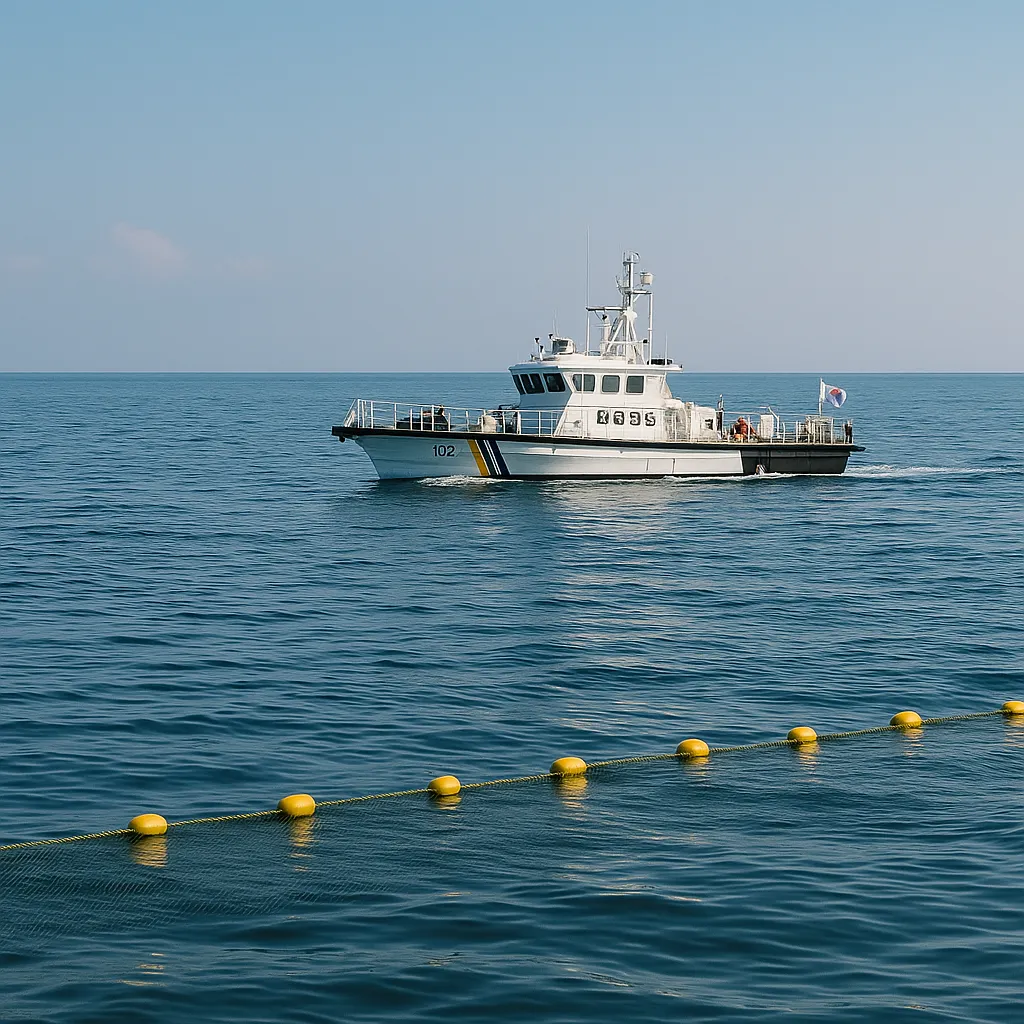 어망을 점검 중인 해양 순찰선