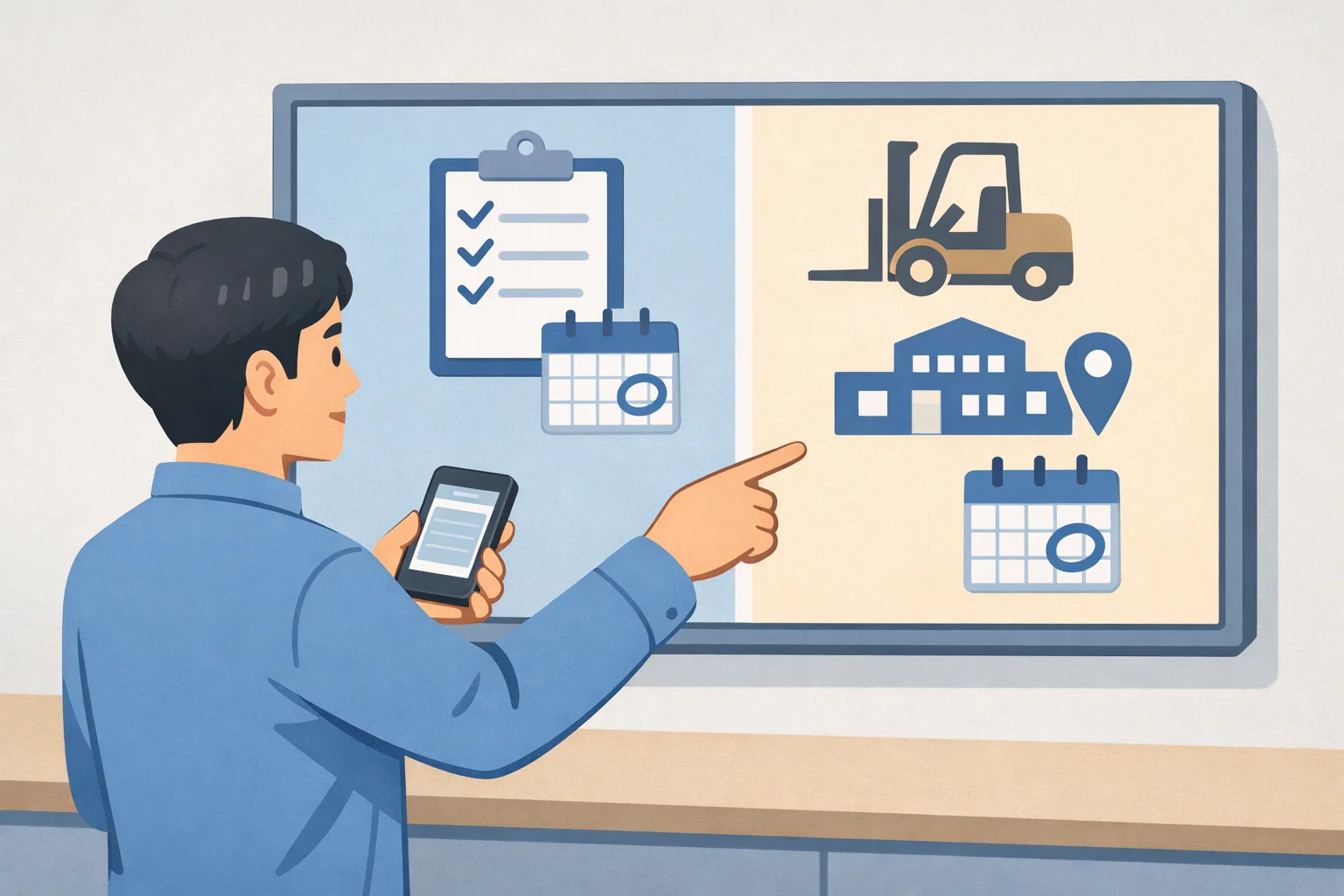 지게차운전기능사 실기시험 일정을 찾을 때 모바일 화면으로 시험 일정 조회와 확인 순서를 이해하도록 정리한 이미지