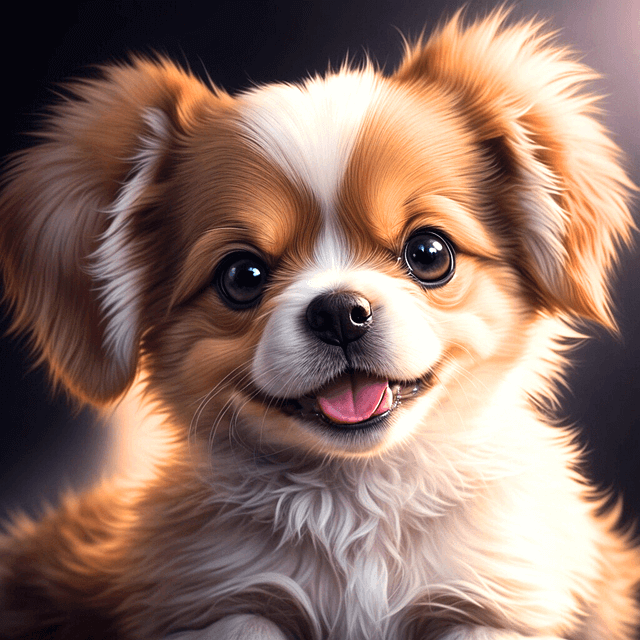 갈색과 하얀색 털을 가진 귀여운 강아지가 정면을 바라보며 살짝 웃는다.